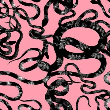 Seamless pattern with snakes. Snakes on a pink background. The textile design 스톡 일러스트