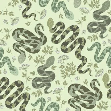 Seamless pattern with snakesand wild plants. Stock Illustration