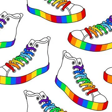 Seamless pattern with sneakers with rainbow laces and soles. Vector modern fl 스톡 일러스트