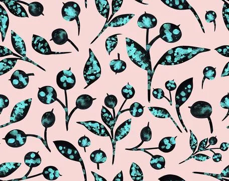 Seamless pattern with snow-covered berries. Hand drawn watercolor on pink. Stock Illustration