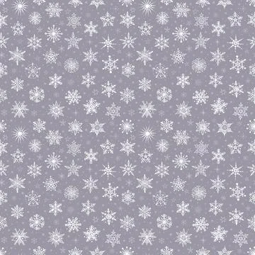 Seamless pattern with snow. Falling white snowflakes on grey background. Vector Stock Illustration