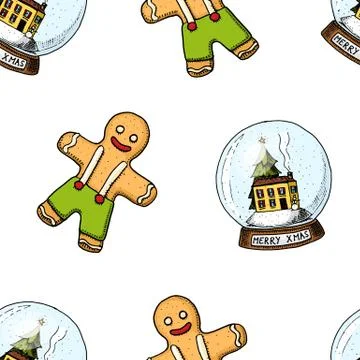 Seamless pattern snow globe and gingerbread. Merry Christmas xmas New Year Illustrazione stock