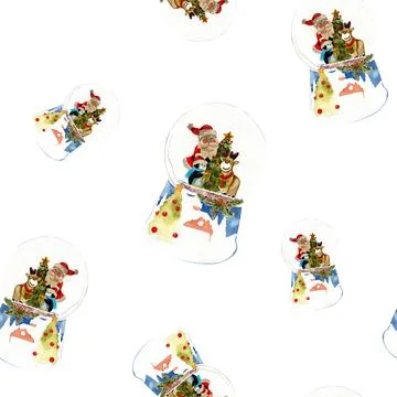 Seamless pattern snow globe with Santa Claus, deer, pingwan, Christmas tree Stock Illustration