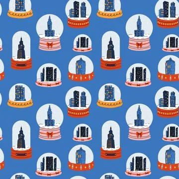 Seamless pattern with snow globes and city buildings Stock-Illustration