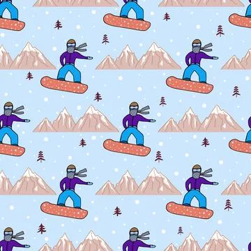 Seamless pattern with a snowboarder in a cartoon style. Playful print for kids Stock Illustration