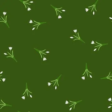 Seamless pattern Snowdrop flowers and bud emerging among green leaves, symbol Stock Illustration