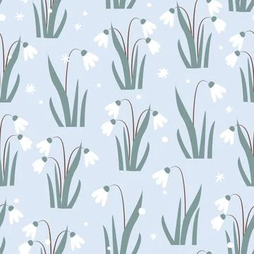 Seamless pattern with Snowdrops flower and snowflakes on light blue background Stock Illustration