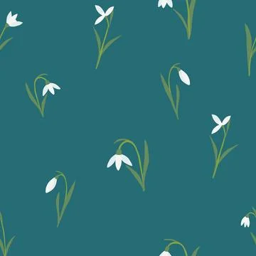 Seamless pattern with snowdrops spring flowers on green background, vector Stock Illustration