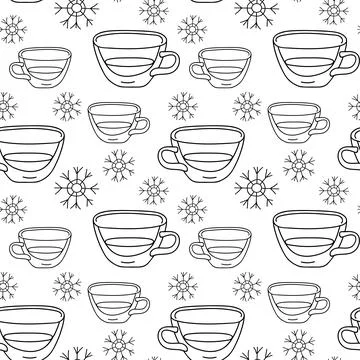 Seamless Pattern of Snowflakes and cup in doodle style, white and black. Wint Stock-Illustration