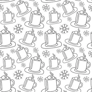 Seamless Pattern of Snowflakes and cup of Chocolate in doodle style, white an Stock Illustration