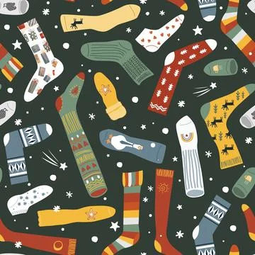 Seamless pattern with snowflakes and different doodle hand drawn socks on d.. Stock Illustration