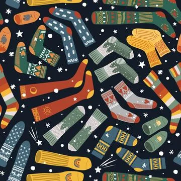 Seamless pattern with snowflakes and different doodle hand drawn socks on dar Stock Illustration