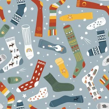 Seamless pattern with snowflakes and different doodle hand drawn socks on g.. Stock Illustration