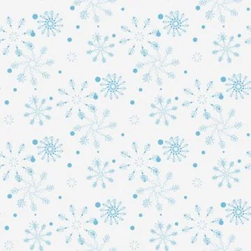 Seamless pattern of snowflakes and dots, blue on white Stock Illustration