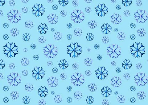Seamless pattern of snowflakes of different sizes on a blue background. Stock Illustration
