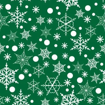 Seamless pattern of snowflakes on a Green background, Stock Illustration