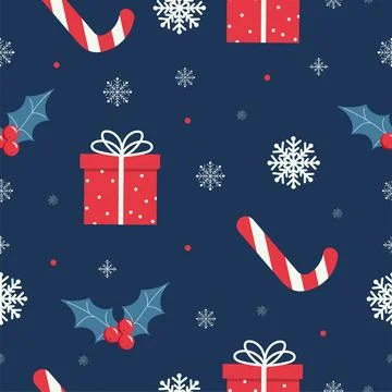 Seamless pattern with snowflakes, mistletoe, present box and candy cane Stock Illustration