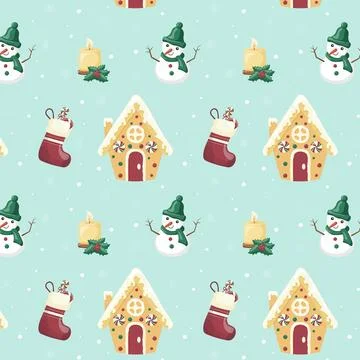 Seamless pattern with snowman and Christmas elements on a blue background Stock Illustration