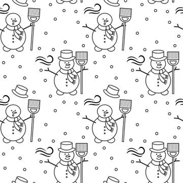 Seamless pattern with snowman, broom, hat, wind. Stock Illustration