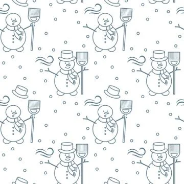 Seamless pattern with snowman, broom, hat, wind. Stock Illustration