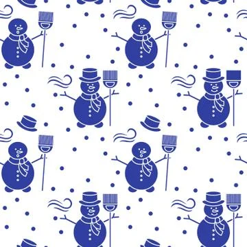Seamless pattern with snowman, broom, hat, wind. Stock Illustration