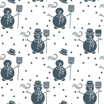 Seamless pattern with snowman, broom, hat, wind. Stock Illustration