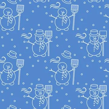 Seamless pattern with snowman, broom, hat, wind. Stock Illustration