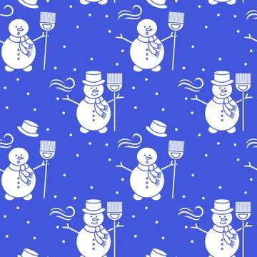 Seamless pattern with snowman, broom, hat, wind. Stockillustratie
