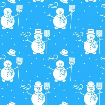 Seamless pattern with snowman, broom, hat, wind. Stock Illustration