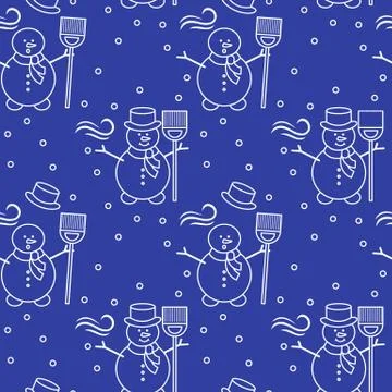 Seamless pattern with snowman, broom, hat, wind. Stock Illustration