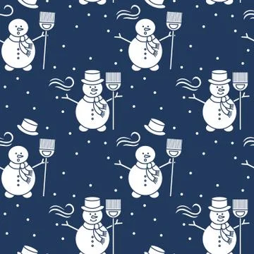 Seamless pattern with snowman, broom, hat, wind. Stock Illustration