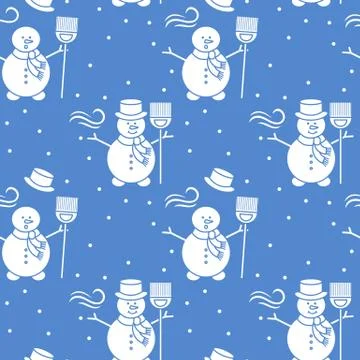 Seamless pattern with snowman, broom, hat, wind. Stock Illustration