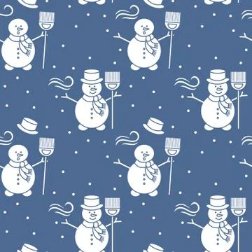 Seamless pattern with snowman, broom, hat, wind. Stock Illustration