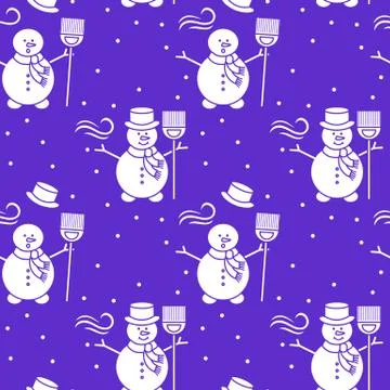 Seamless pattern with snowman, broom, hat, wind. Stock Illustration