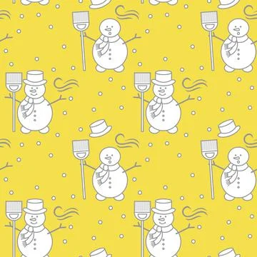Seamless pattern with snowman, broom, hat, wind. Stock Illustration