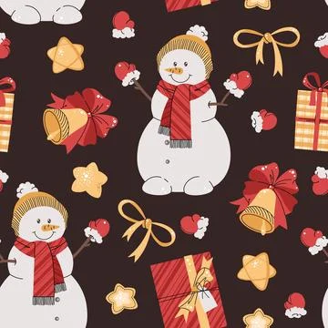 Seamless pattern with snowman, Christmas bell and gift. Vector holiday textur Stock Illustration