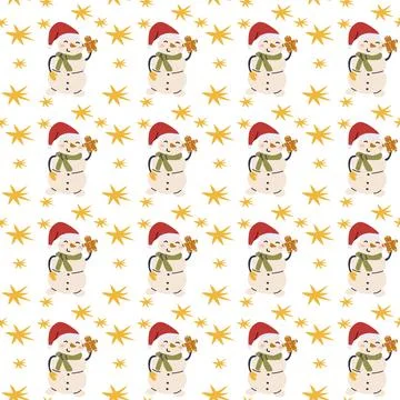 Seamless pattern with snowman in santa hat and christmas cookies Illustration
