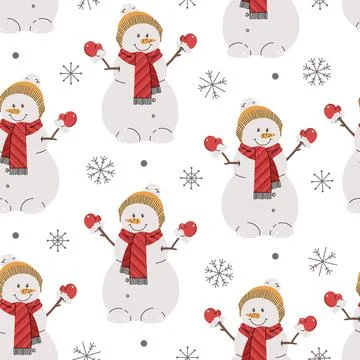 Seamless pattern with snowmen and snowflakes. Vector holiday texture in flat  Stock Illustration