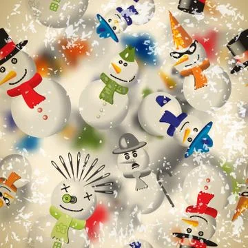 Seamless pattern with snowmen with blurred backdrop in vintage s Stock Illustration