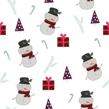Seamless pattern with snownan, christmas trees, presents. Stock Illustration