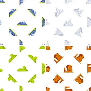 Seamless pattern with snowy mountains, green hills and canyons creating a 스톡 일러스트