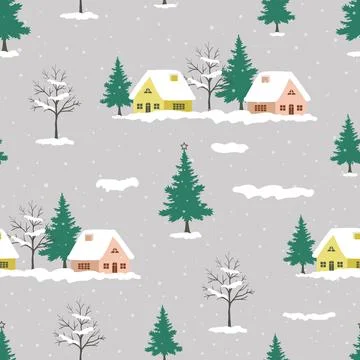 Seamless pattern with snowy rural on winter theme Stock Illustration