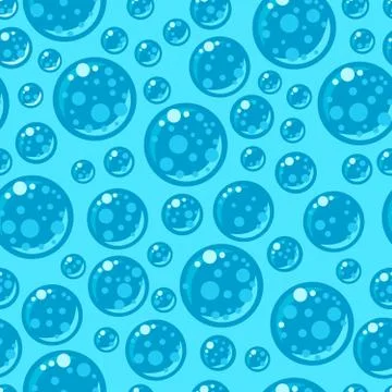 Seamless pattern with soap bubbles in flat style on blue background. Stock Illustration