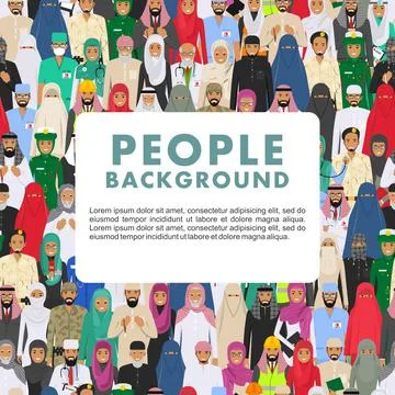 Seamless pattern social concept. Large group muslim arabic people professions Illustrazione stock