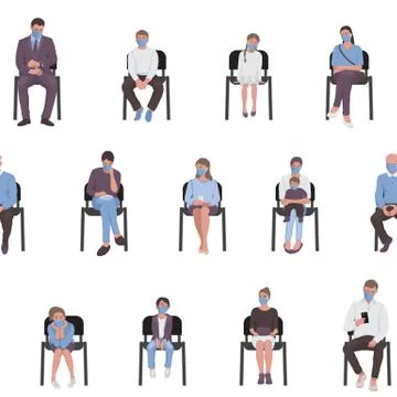 Seamless pattern of social distancing of adults and children sitting on chair Stock Illustration
