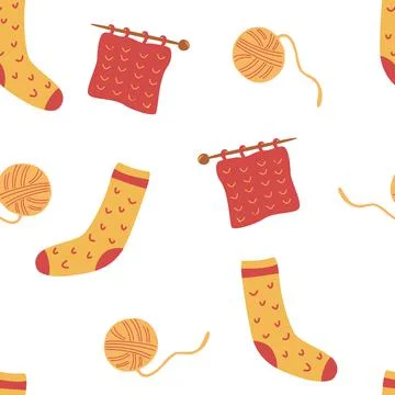 Seamless pattern with socks and knitting. Ball of thread, knitting needles an Stock Illustration