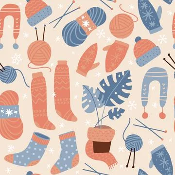 Seamless pattern with socks and knitting elements. Ball of thread, knitting Stockillustratie