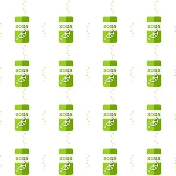 Seamless pattern of soda cans and bubbles. Lime lemonade, green tin. Sweet .. イラスト素材