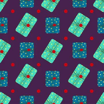 Seamless pattern with soft green and blu gift boxes. Cute holiday print. Vector Stock Illustration