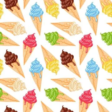 Seamless pattern of soft ice cream cone melting scoop in various flavors in Stock Illustration